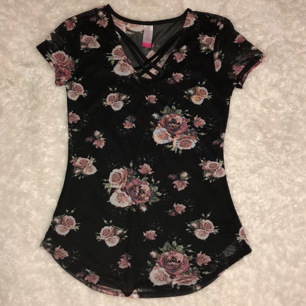 rose printed double layer v neck